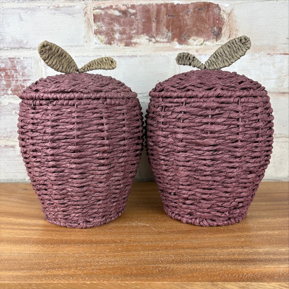 Vintage Burgundy Woven Apple Lidded Baskets Set of 2 Fall Home Decor Autumn Boho